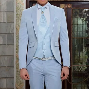 2020 Svetlo Modra Klasičen Moški Obleko Za Plažo svate Elegantno Tuxedos 3 Kos Terno Masculino barve (Suknjič+Hlače+Telovnik+Kravato)