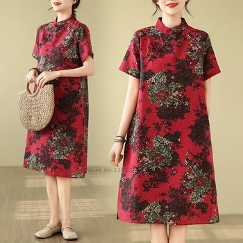 2024 tradicionalni kitajski vintage obleko izboljšano cheongsam nacionalni cvet tiskanja bombaž perilo qipao obleko orientalski folk obleko
