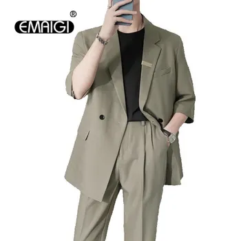 2PCS Obleke Ulične Vintage Moda Priložnostne Blazerji Hlače za Moške korejski Moda Pol-rokav Obleko, Suknjič Blazer Moški Plašč