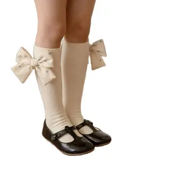 3-8Year otroške nogavice Jeseni tanke letnik tele nogavice Dvojno iglo lok dolgo cev Dekliške nogavice