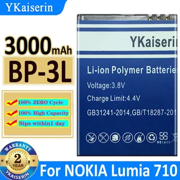 3000mah YKaiserin Baterijo BP-3L BP3L Za NOKIA Lumia 710 510 603 303 610 603 3030 Bateria