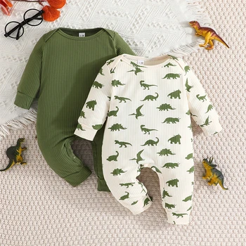 Baby Boy 2 Paket Z Dolgimi Rokavi Jumpsuit Novorojenčka Belušno Trdna Dinozaver Tiskanja Obleka, Novorojenčka, Ki Prihaja Domov Obleko