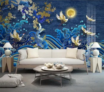 beibehang 3d ozadje Golden line žerjav vode vzorec bor koi ljudsko slikarstvo v ozadju stene barvanje sten papirjev doma dekor