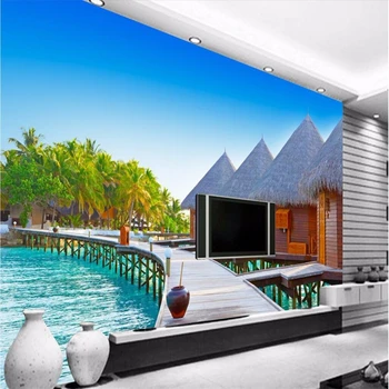 beibehang stene papirja zidana dekor foto ozadje fotografije 3D stereo Lesene plaži koče, dnevna soba hotel aparat za stensko slikarstvo