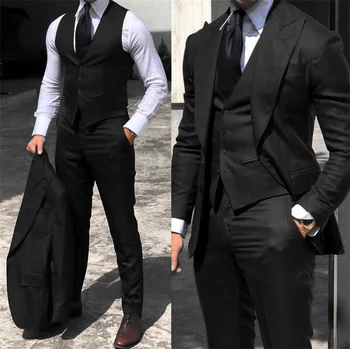 Black Classic Moške Obleko 3 Kosov Jopičem Vrha River Groomsmen Poroka Obleke Komplet Modni Moški Poslovnih Jopič Jakna+Hlače+Telovnik