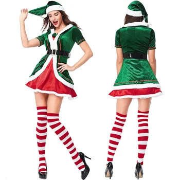 Božič Santa Claus Zeleni Škrat Cosplay Kostume Seksi, Lepe Obleke Klobuk Nogavice Obleko Dekle Žensk Vlogo Igrajo Stranka Kažejo Obleke
