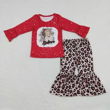 Debelo RTS otroška Oblačila Vroče Prodaje Otroci Obleke Božič Santa Claus Rdeče Dolgo sleeved Leopard Tiskanja Nastavite Hlače