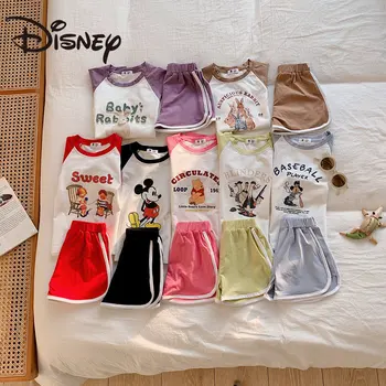 Disney Otroci Oblačila 2023 Poletje Risanka Kratek Rokav Nova Risanka Tiskani Bombaž Šport za Baby Girl Dva-delni Set