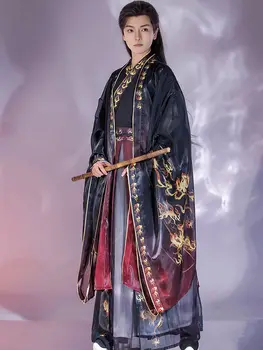 Hanfu Moške Križ Ovratnik, Pas Dolžine Ca Krilo Veliki Rokav Shirt Kitajski svileno haljo stari vitez hanfu moških hanfu Plesno obleko