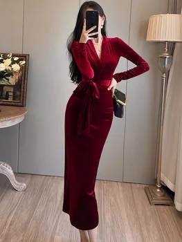 Jeseni, Pozimi Rdeče Mah Elegantna Lok Povoj Dolgo Obleko Luksuzni Elegantno Obleko za Poroko Ženske 2023 korejski Letnik Večerne Obleke