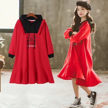 Korejski Pomlad Jesen Otrok Dekle iz Enega kosa Obleko Osnovnih Dekle Hooded Pismo Natisnjeno Dolg Rokav Obleke Dekle, Otroci Obleko
