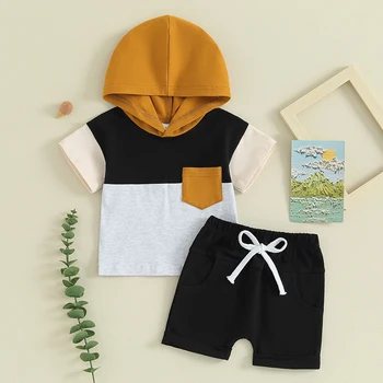 Malčka Otroci Baby Fantje 2pcs Obleke Kontrast Barve Kratek Sleeve Hooded T-Majice in Elastične kratke Hlače za Poletje Obleke, Kompleti