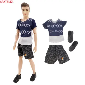Moda Punčko Oblačila, ki Za Ken Fant Lutka Modre In Bele Mozaik T-Shirt & Gray Prikrivanje Hlače Za Barbie je Fant Ken
