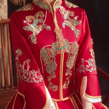 Nevesta Toast Poroka, Kitajski Poročno Obleko Sequins Beaded Vezene Obleke Bogastvo Ugoden Elegantno Tang Obleko