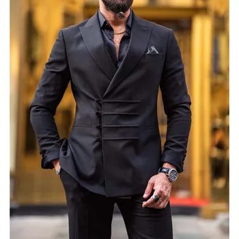 Nov Prihod Black Moške Obleke Najnovejše Design Vrha River Jopič z Hlače Modni Business Casual Poroko Ženina Jopičem 2 Kos