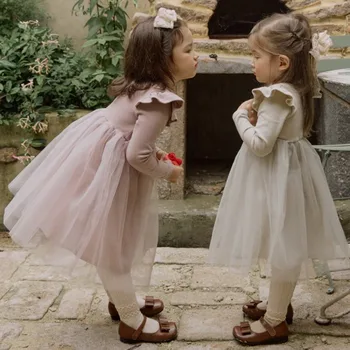 Otroci Obleko 2023 Jeseni Novi Modi Korejski Slog Dekleta Princesa Dolgo Sleeved Barva Gaza Sladko Srčkan Dekleta Oblačenja