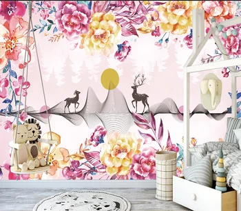 Ozadje po meri Sodobnega roza akvarel cvetje in elk Foto zidana otroški sobi v ozadju stene risanka ozadje