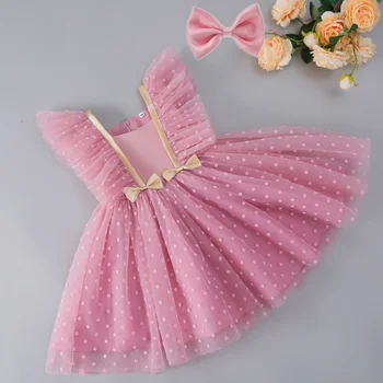 Pink Princess za 1-5T Dekle Poletje Ruffle Rokav Polka Pike Tutu Obleke Otroka 1 Leto, Rojstni dan, Krst, Obleke, Poroka Stranka Kostum