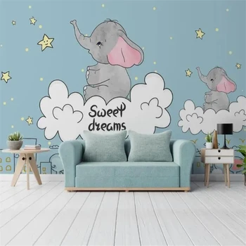 po meri 3D Cartoon fantasy beli oblaki, zvezde stene papirja baby slon foto zidana ozadje otroci soba ozadju 3D nalepke