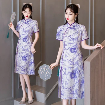 Poletje Novo Izboljšano Mlade Cheongsam Tradicionalni Kitajski Slog Retro Moda Kratek Rokav Qipao Obleko CNY