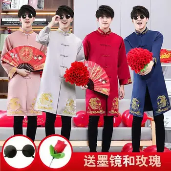 Roza Cheongsam poročna Obleka Tang Obleko Gumbi Lepe Vezenine za Moški Kitajski Saten Režejo Kitajski Stil Poročne obleke