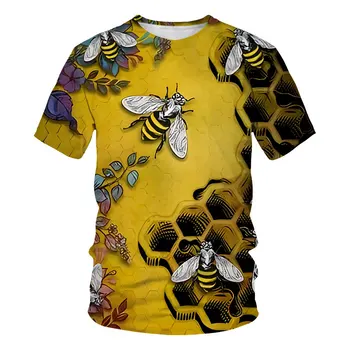 Rumena priložnostne čebel vzorec T-shirt za moške satja O-vratu, kratka sleeved osebno Harajuku ulične vrh svoboden preobsežne