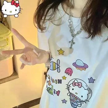 Sanrio Hello Kitty 2022 Poletje Novi Vrhovi Ženske Estetski Tee Srajce Y2k Svoboden Kratek Rokav T-majice Bombaž Kawaii KT Tiskanja Tshirt