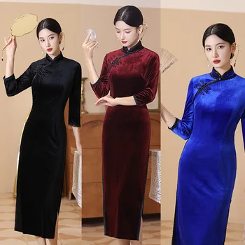 Visoka Kakovost Plus Velikost Pozimi Žamet Cheongsam 4 Barve Ženske Letnik Stranko Poroko Dolgo Obleko Z Dolgimi Rokavi Tradicionalnih Qipao
