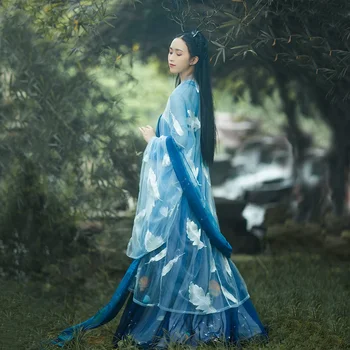 VODE Original Xinghe Hanfu Ženske Obleke Poletje Kitajski Slog Vezenje Tradicionalni Noši Pravljice 6m Robom Modra Celoten Sklop
