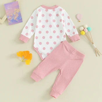 Za malčke Baby 2Pcs Obleko Dot Tiskanja Dolg Rokav Romper z Elastičnim Pasom, Dolge Hlače Spomladi Pade Set