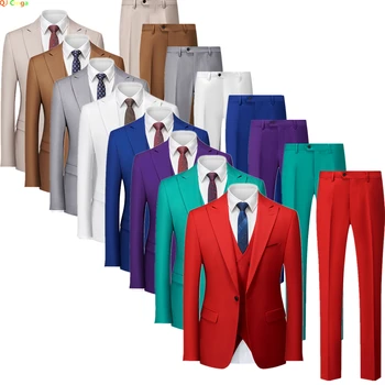 Čiste Barve Moške Obleko 3-delni Komplet (Jakna + Telovnik+ Hlače) Rdeča, Modra, Vijolična, Zelena Jopič Waistcoat Hlače Moški Belo Sive Barve