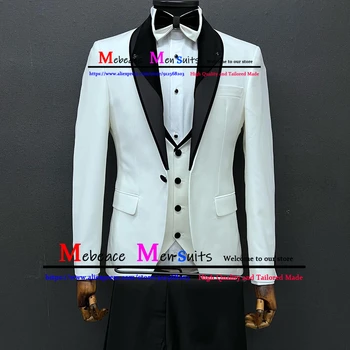 Črna Šal River Slonovine Poroko Ženina Tuxedos Formalne Poročne Obleke, za Moške 3 Kosov Jopič Telovnik Hlače Slim Fit Obleke za Moške