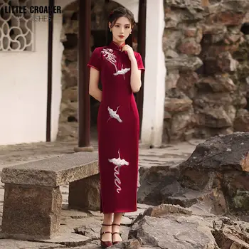 Ženske Qipao Kosti Jedkanje Mlade Republikanski Dekle Kitajski Slog Vsakdanje Obrabe 2022 Novo Poletje Dolge Rdeče Barve Cheongsam Obleka Ženske